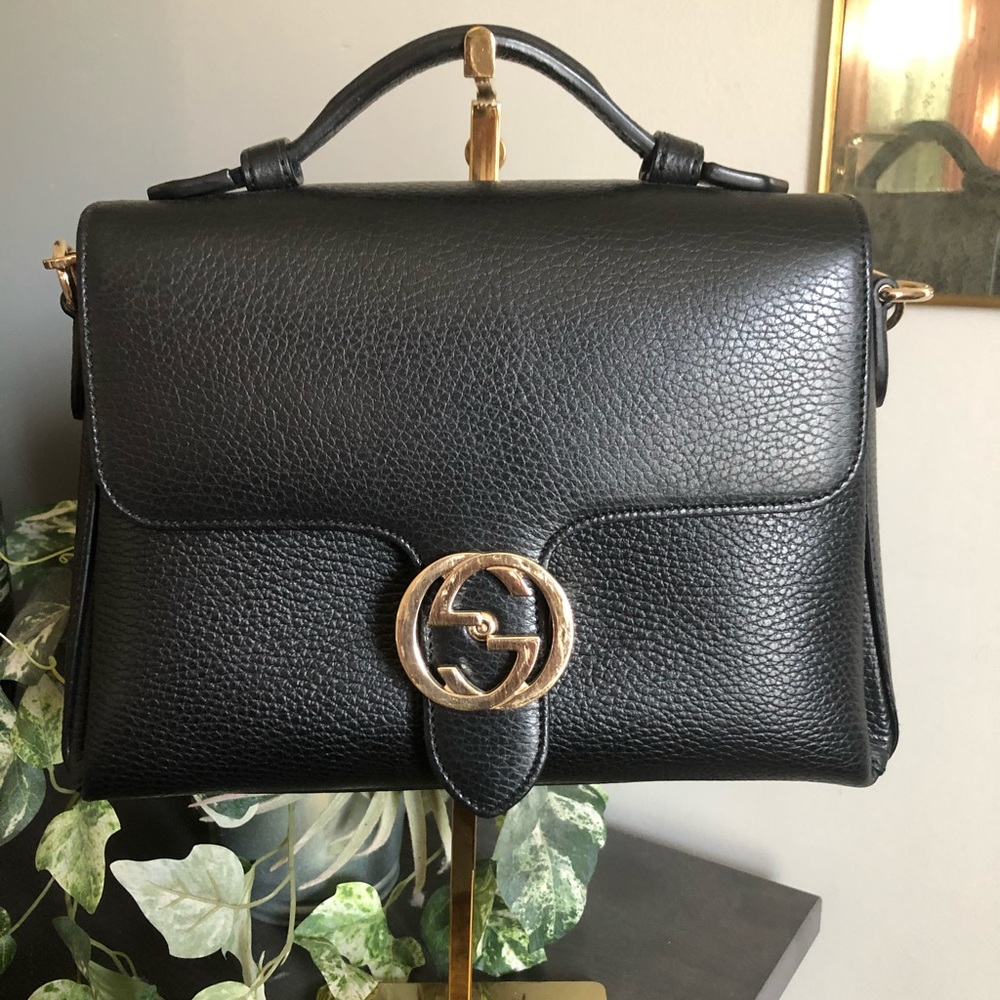 GG Interlocking Leather Chain Top Handle Bag Black